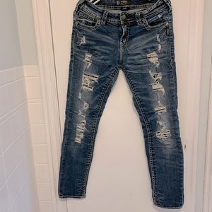 Silver Suki Ripped Mid Pencil Skinny Jeans with Lace Details